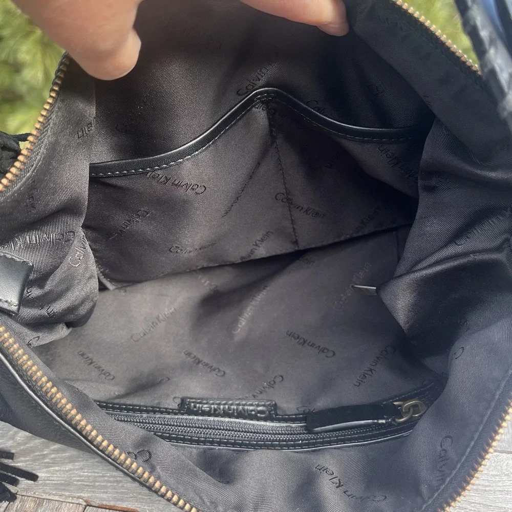 Calvin Klein Hobo Shoulder Bag Black Pebbled Leather Studded Tassel Accent Purse